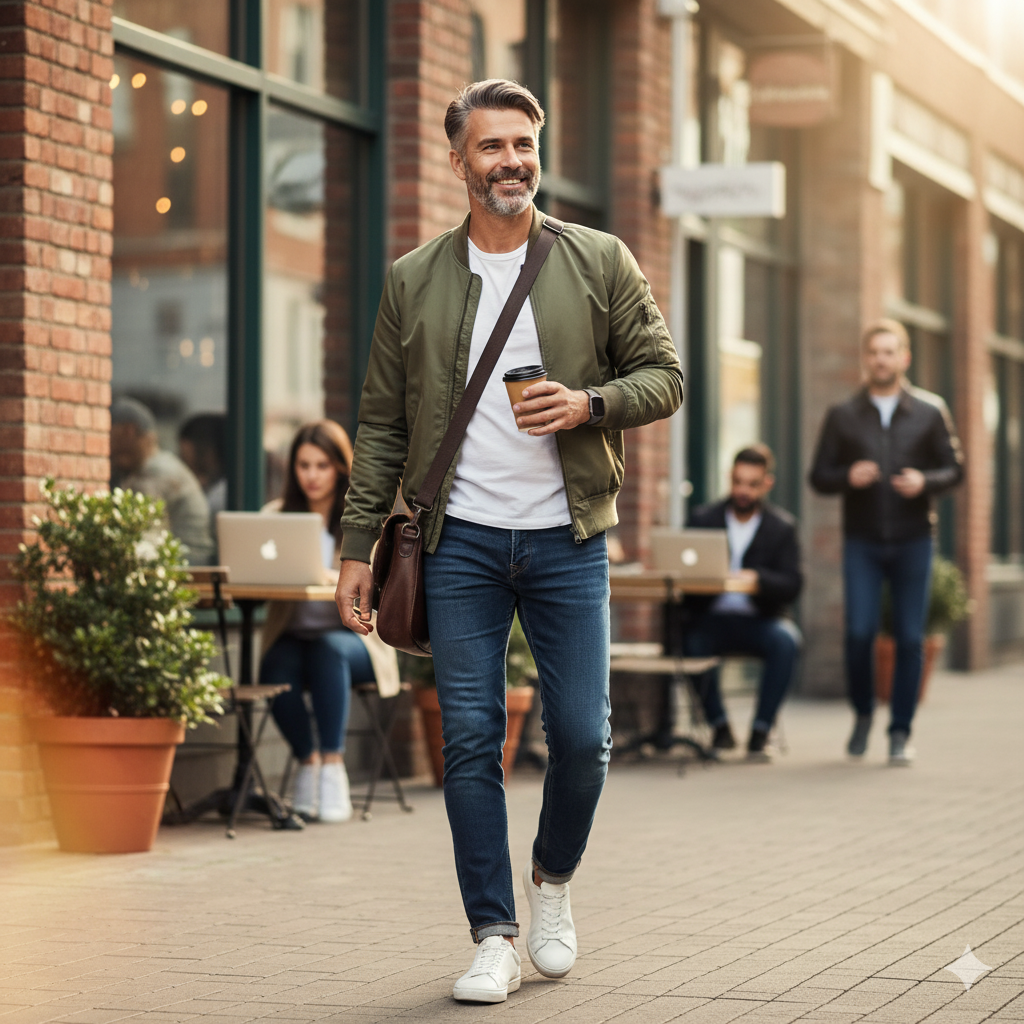 중년의 남자가 커피를 들고 걷는 모습의 사진