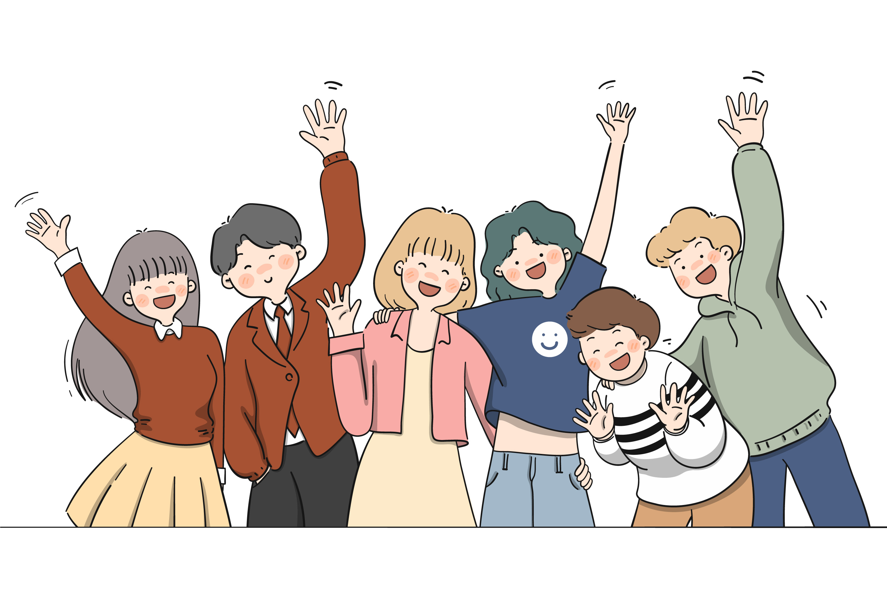 6명의 남, 녀 캐릭터가 손을 흔드는 모습의 이미지