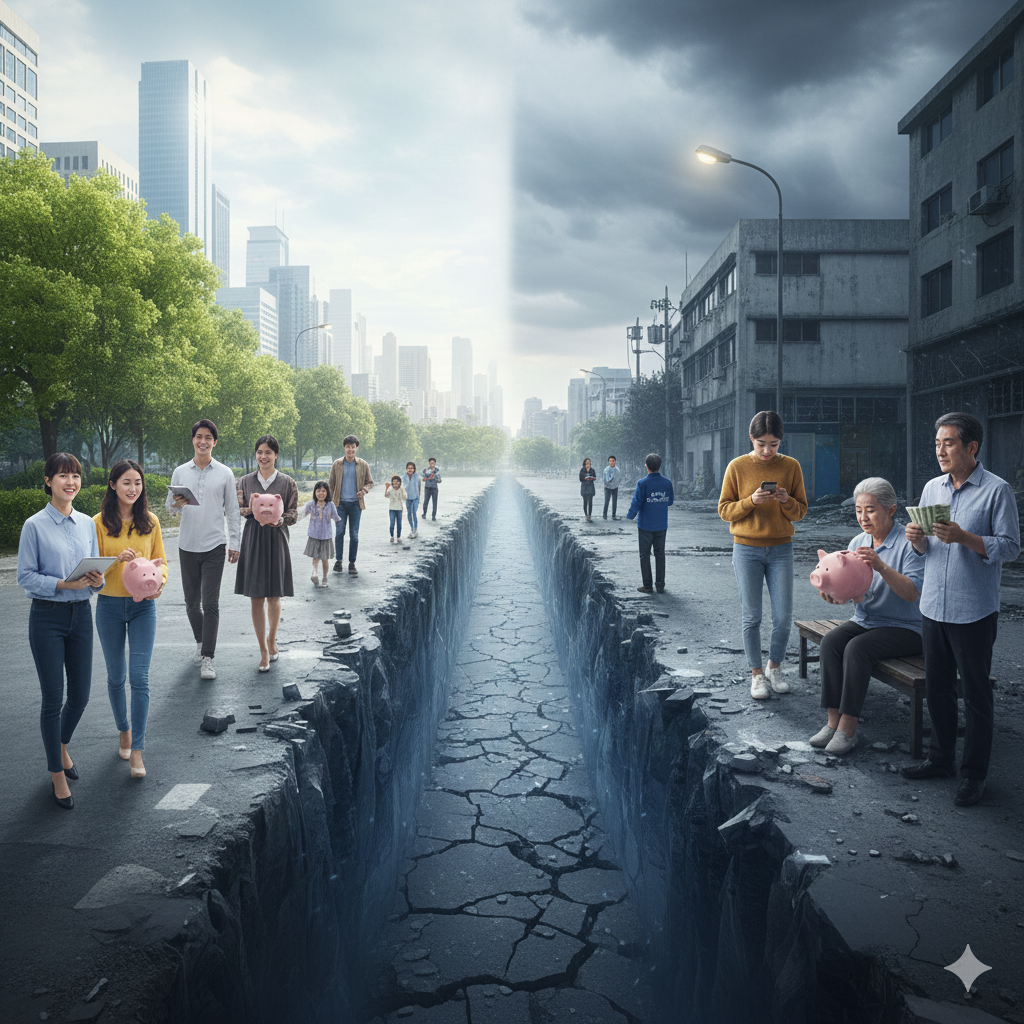 경제적 불안에 대한 대비되는 모습을 나타낸 이미지로 왼쪽은 행복한 모습의 사람들, 오른쪽은 우울한 모습의 사람들을 표현한 이미지