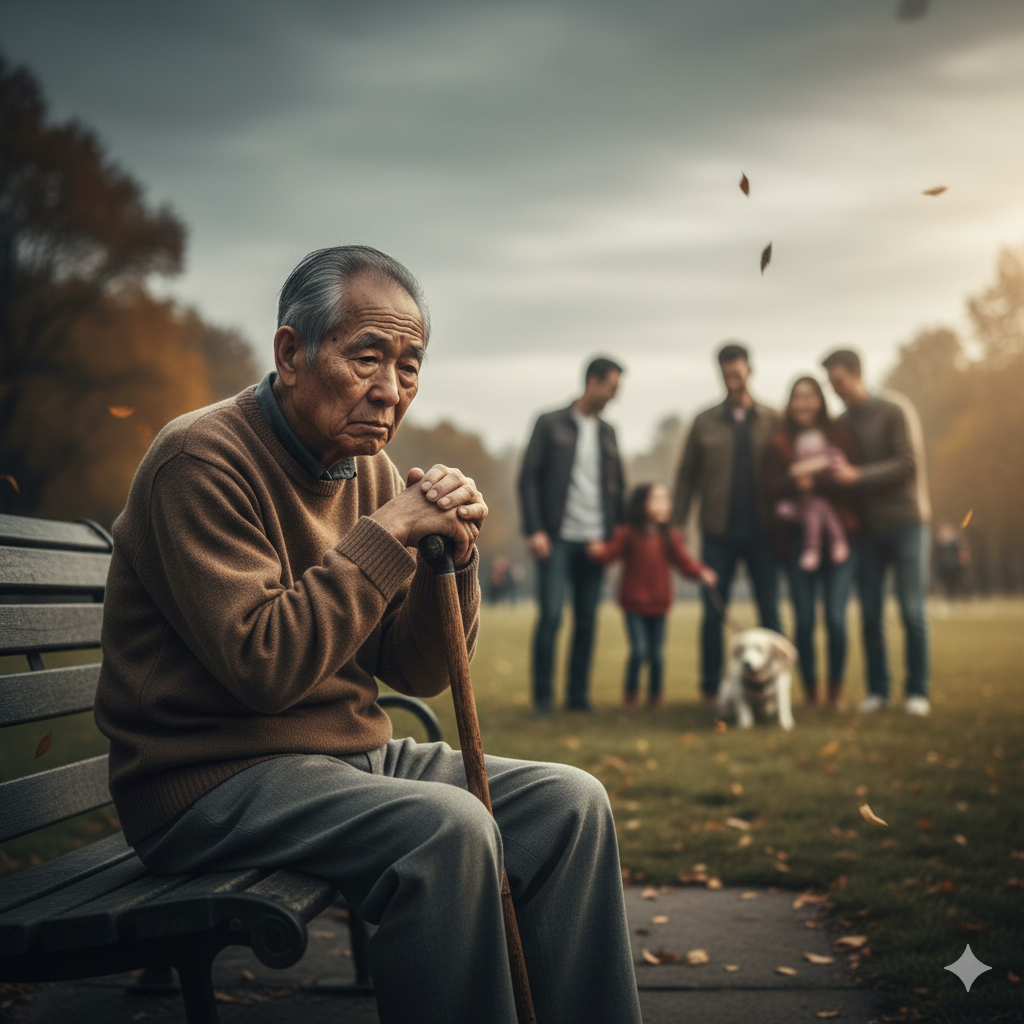 단란한 가족의 모습과 대비되는 혼자 앉아있는 할아버지 모습 이미지