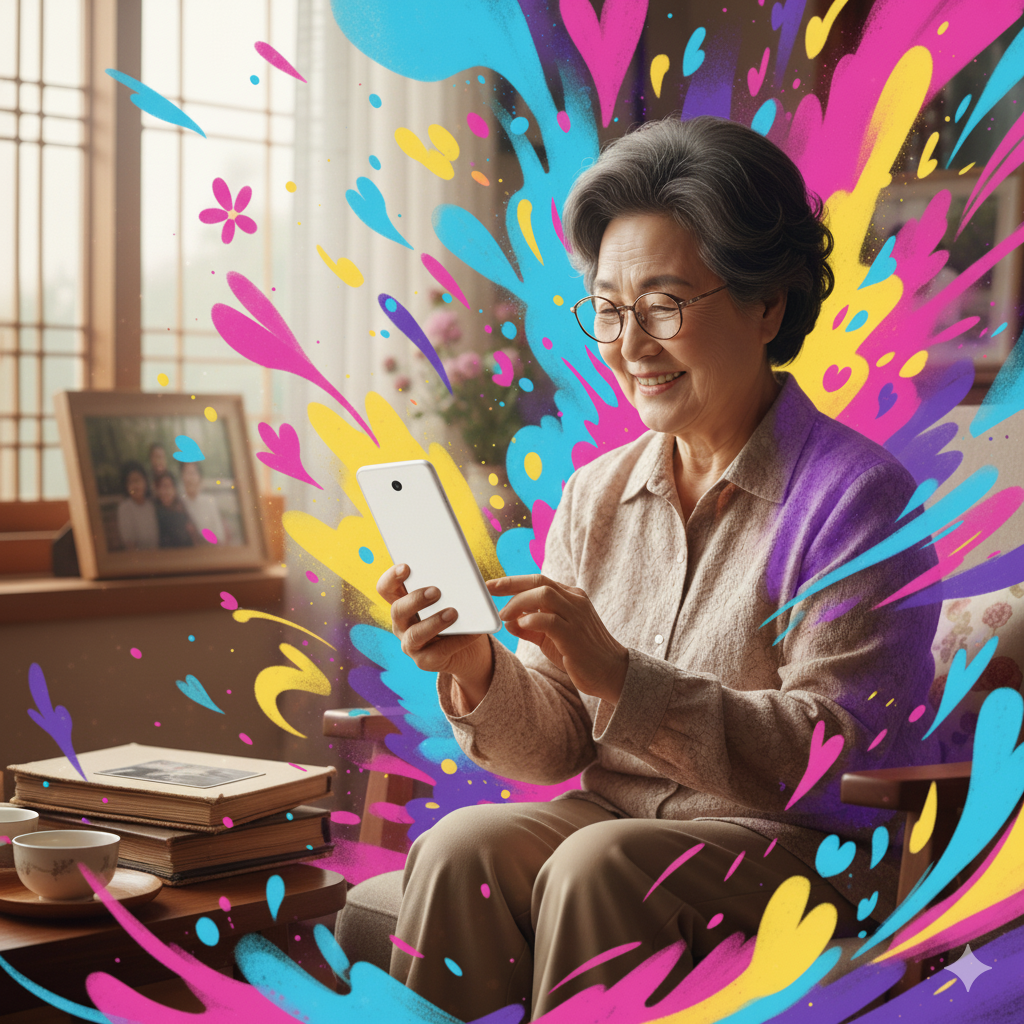 할머니가 스마트폰을 보며 웃고 있는 사진