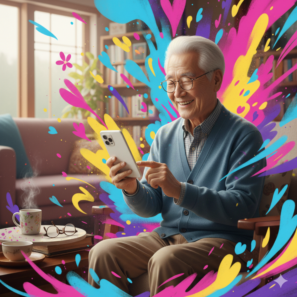 할아버지가 스마트폰을 보며 웃는 모습의 사진