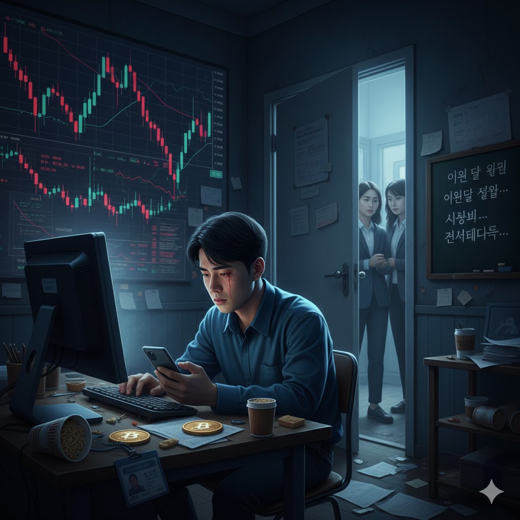 코인 차트를 보며 절망하는 남자 직원과 뒤에서 그 모습을 바라보는 동료 직원의 모습 이미지